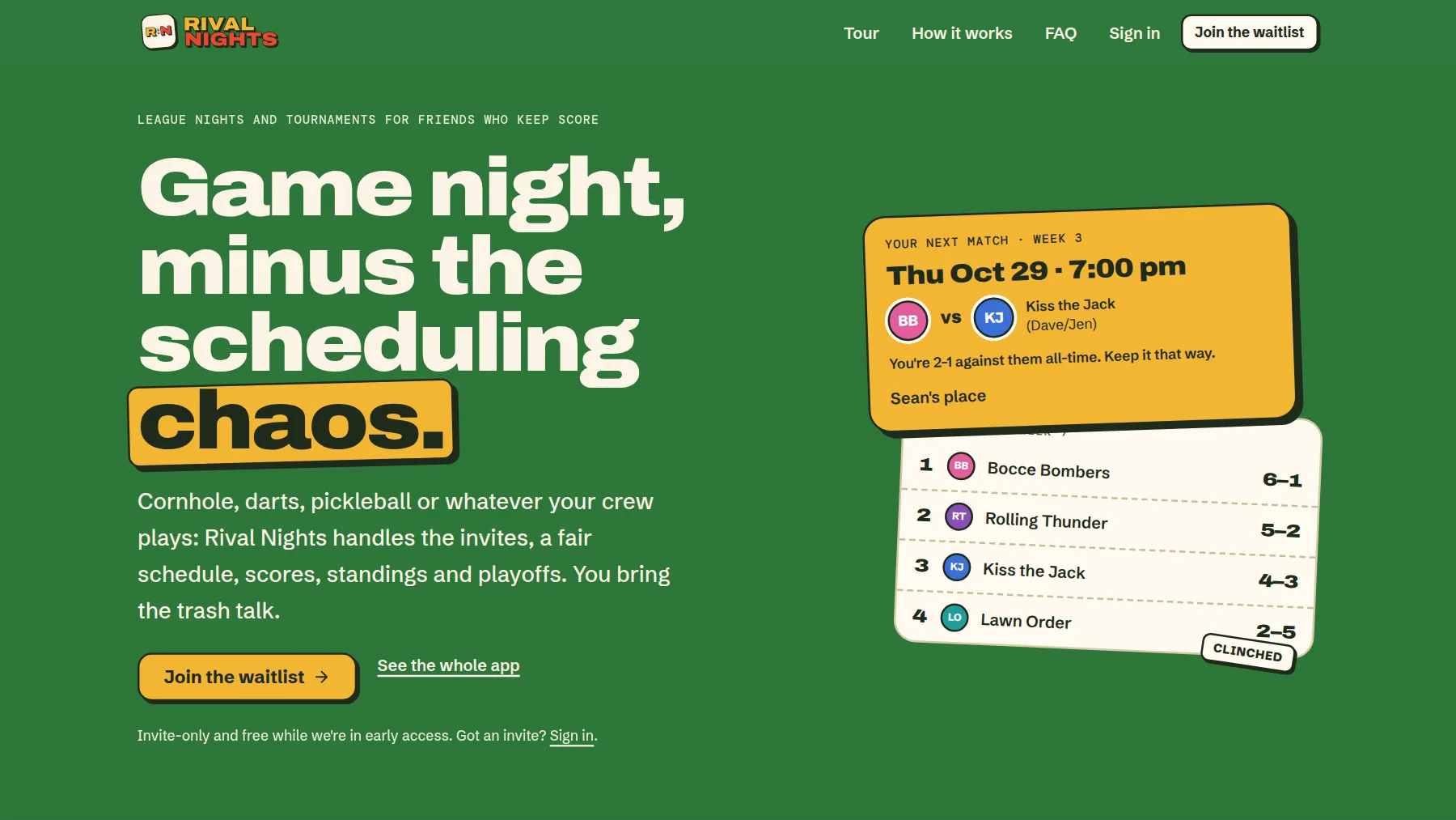 Rival Nights homepage: “Game night, minus the scheduling chaos.” with a next-match card and league standings